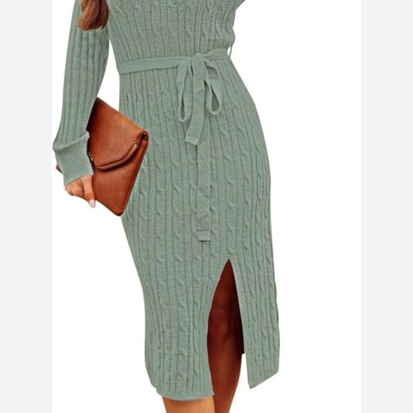 NWT MEROKEETY Green Ribbed Knit Midi Sweater Dress Women's Small | Cozy Pullover - Picture 5 of 9